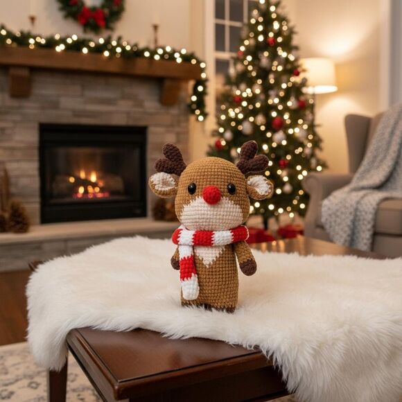 Reindeer Plush Toy with Red Nose and Scarf, Christmas Deer Doll, Holiday Gift - Picture 8 of 10